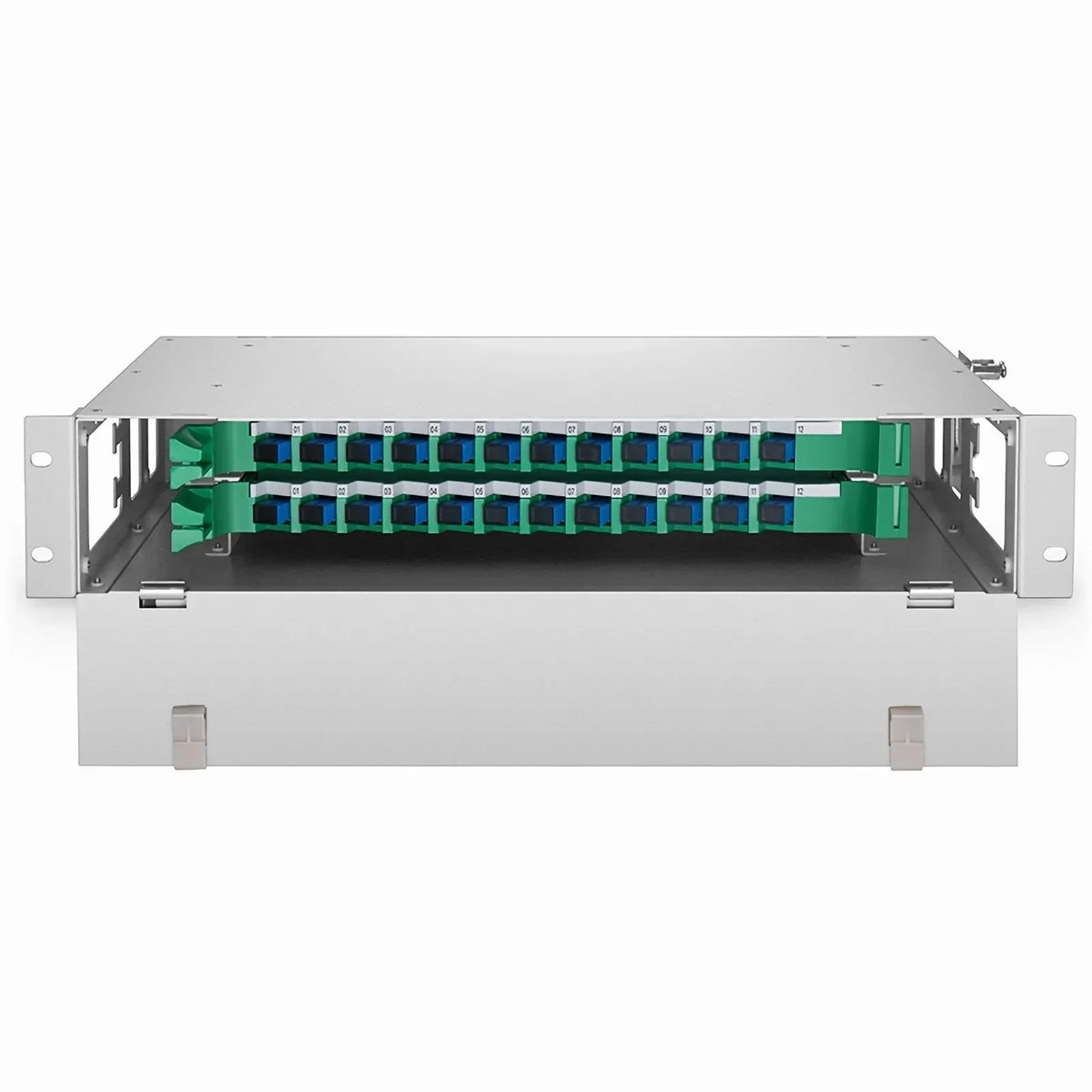 SFPS 2U Rack Mount Fiber Optic Distribution Panel, 24 Fibers OS2 Single Mode, 24 x SC UPC Simplex (Blue) Adapter SFPS