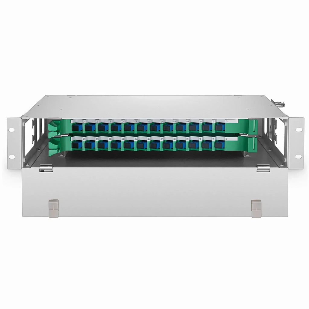 SFPS 2U Rack Mount Fiber Optic Distribution Panel, 24 Fibers OS2 Single Mode, 24 x SC UPC Simplex (Blue) Adapter SFPS