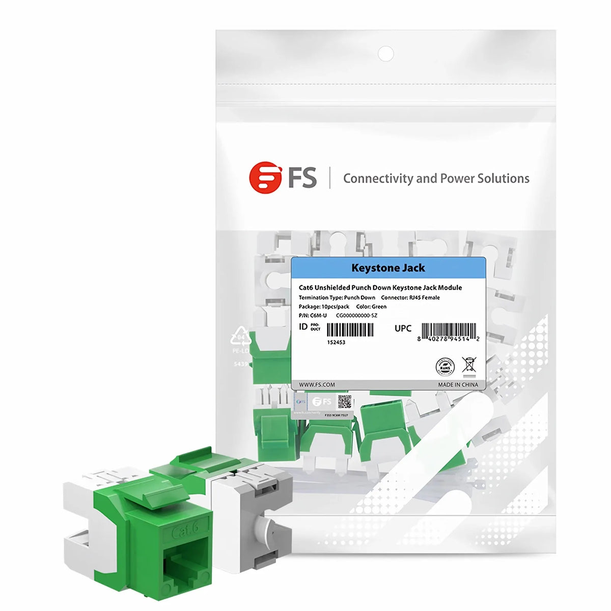 SFPS Cat6 RJ45 (8P8C) Unshielded Punch Down Keystone Jack Module, Green (10 pcs/Pack) SFPS