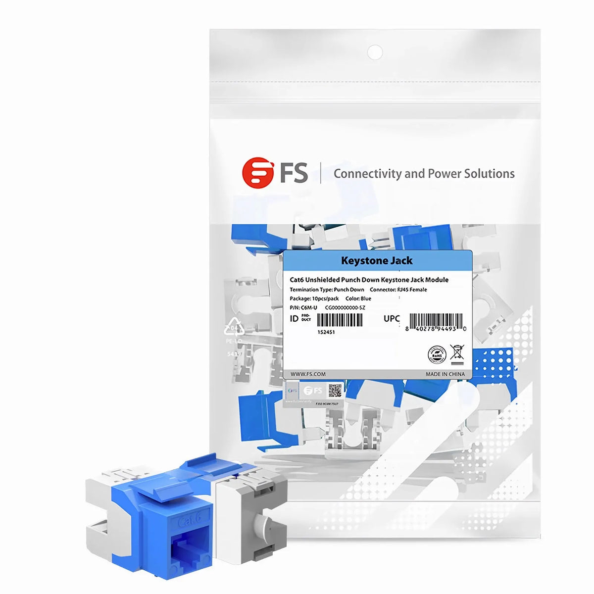 SFPS Cat6 RJ45 (8P8C) Unshielded Punch Down Keystone Jack Module, Blue (10 pcs/Pack) SFPS