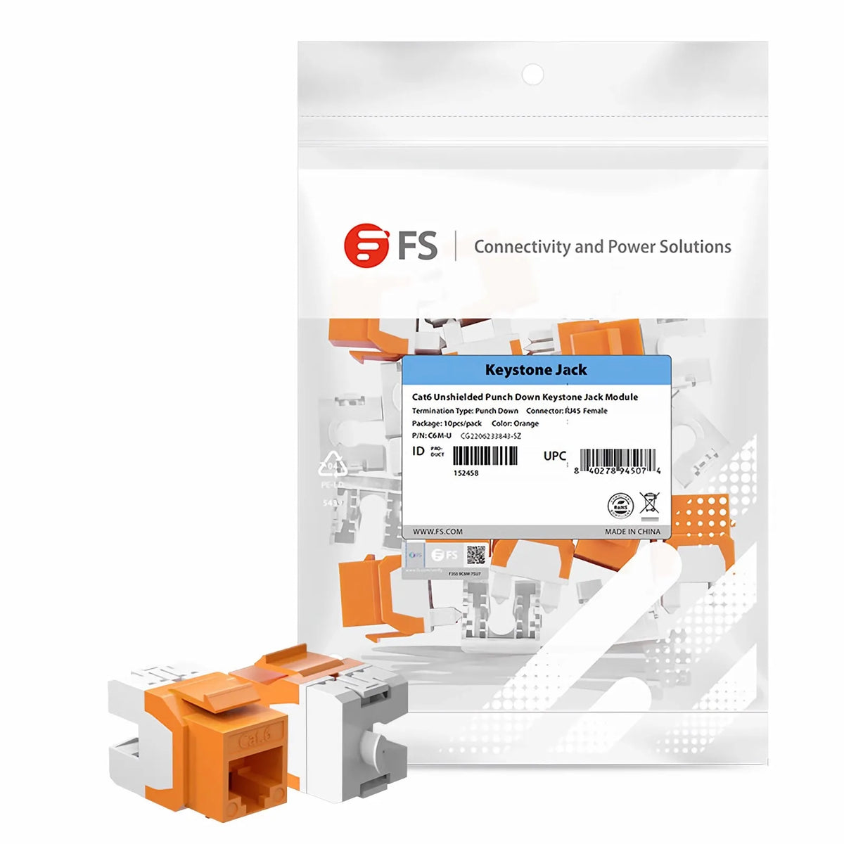 SFPS Cat6 RJ45 (8P8C) Unshielded Punch Down Keystone Jack Module, Orange (10 pcs/Pack) SFPS