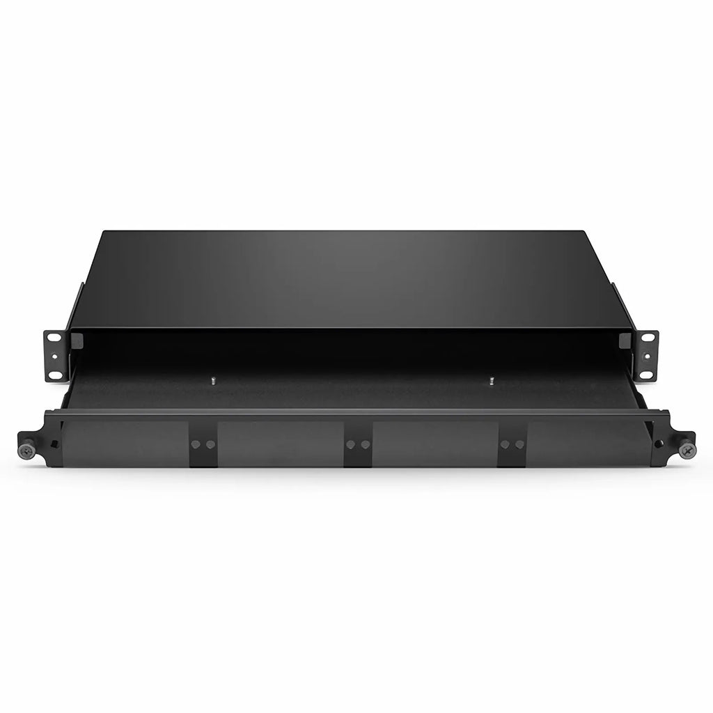 SFPS FHDA High Density 1U Rack Mount Enclosure Unloaded, Sliding and Tilt-down Drawer, Holds up to 4 x FHDA Cassettes, Panels, or Splice Trays, 144 Fibers (LC) SFPS