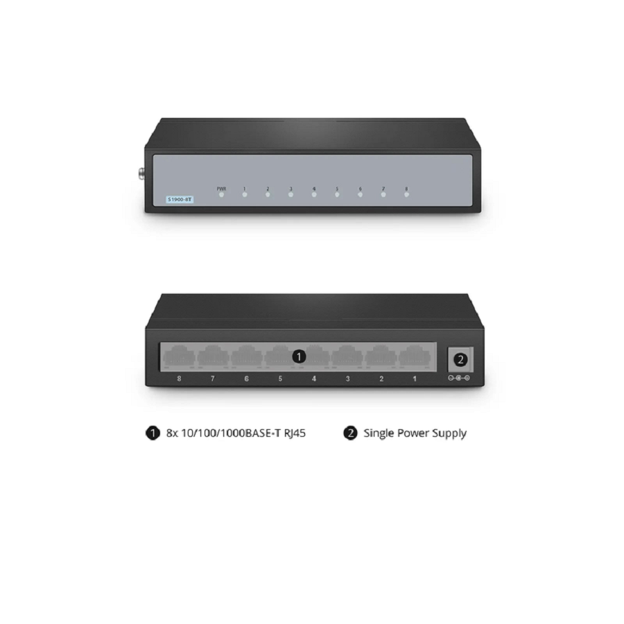 SFPS S1900-8T, 8-Port Gigabit Ethernet L2 Unmanaged Switch, 8x 10/100/1000BASE-T RJ45, Metal, Fanless, Desktop/Wall-Mount SFPS