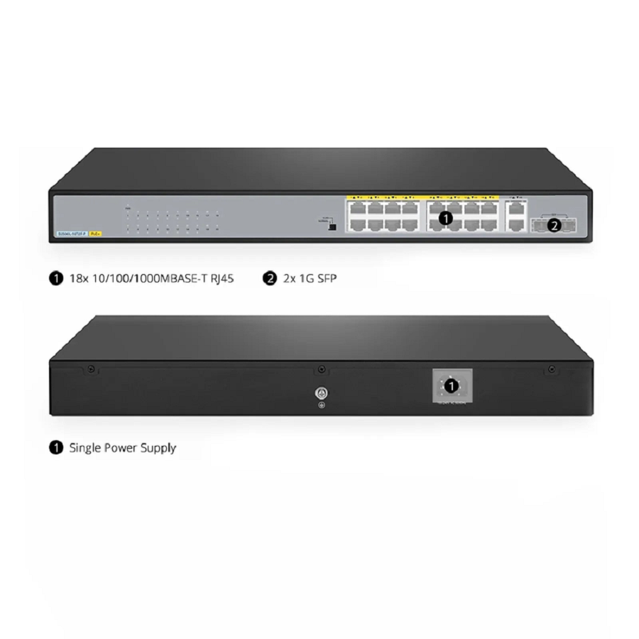 SFPS S2500L-18T2F-P, 18-Port Gigabit Ethernet L2 Unmanaged PoE+ Switch, 16 x PoE+ Ports@240W, 2 x 1Gb RJ45, with 2 x 1Gb SFP Uplinks, Desktop/Rackmount SFPS