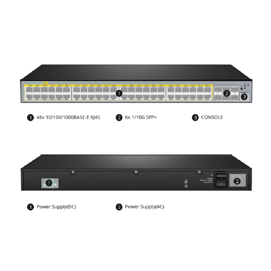 SFPS S3400-48T6SP, 48-Port Gigabit Ethernet L2+ PoE+ Switch, 48 x PoE+ Ports @370W, with 6 x 10Gb SFP+ Uplinks, AC+DC Power Supplies, Support Stacking SFPS
