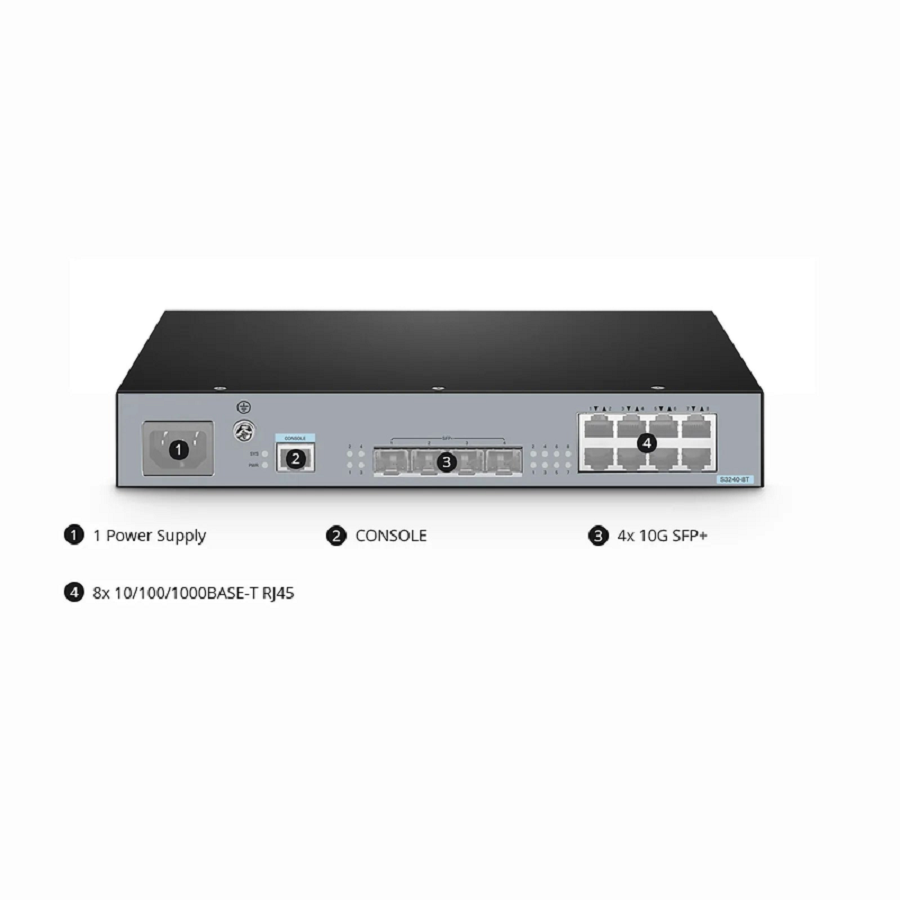 SFPS S3240-8T, 8-Port Gigabit Ethernet L2+ Switch, 8 x Gigabit RJ45, with 4 x 10Gb SFP+ Uplinks, Stackable Switch, Fanless SFPS