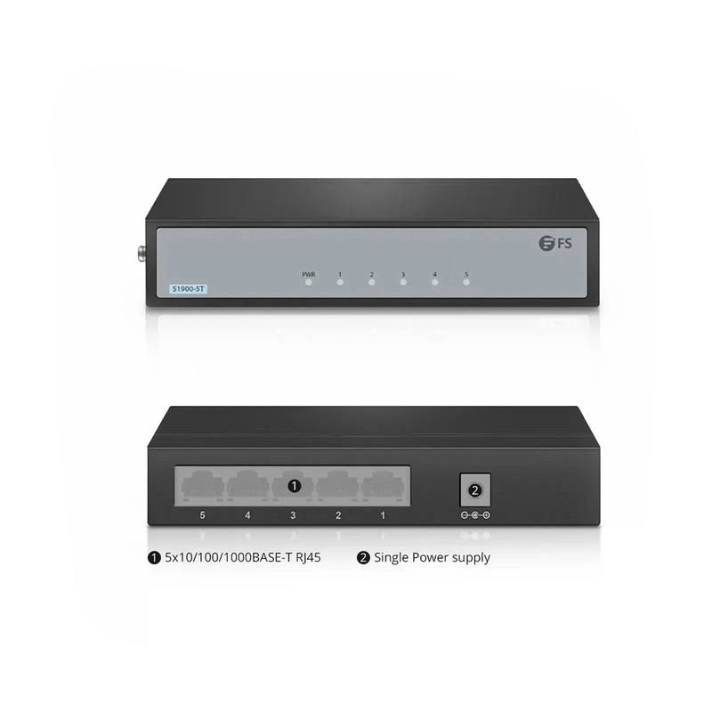 SFPS S1900-5T, 5-Port Gigabit Ethernet L2 Unmanaged Switch, 5x 10/100/1000BASE-T RJ45, Metal, Fanless, Desktop/Wall-Mount SFPS