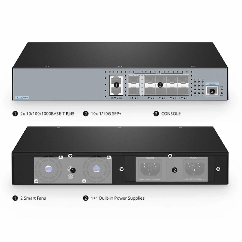 SFPS S3260-10S, 10-Port Ethernet L3 Managed Switch, 10 x 10Gb SFP+, with 2 x Gigabit RJ45, Support Stacking SFPS