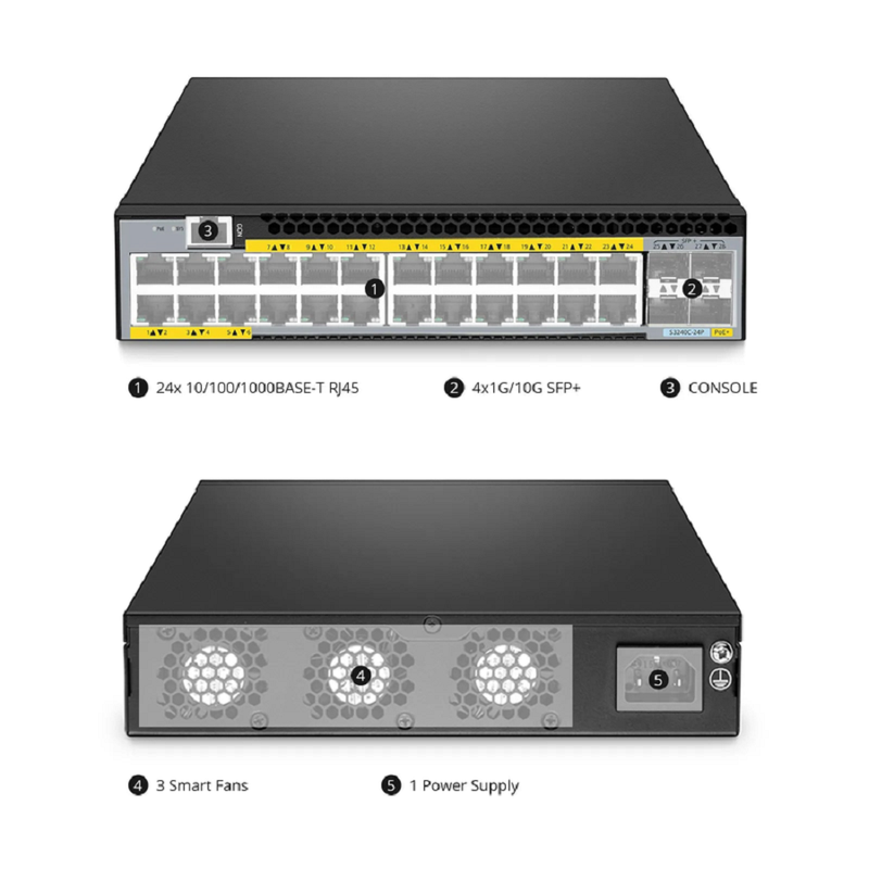 SFPS S3240C-24P, 24-Port Gigabit Ethernet L2+ PoE+ Switch, 24 x PoE+ Ports@380W, with 4 x 10Gb SFP+ Uplinks SFPS