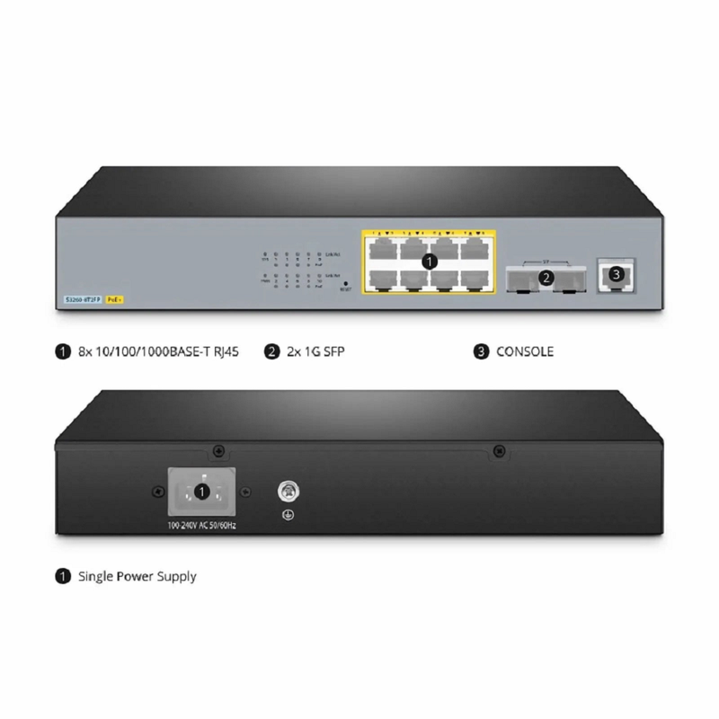 SFPS S3260-8T2FP, 8-Port Gigabit Ethernet L2+ PoE+ Switch, 8 x PoE+ Ports @240W, with 2 x 1Gb SFP Uplinks, Support IEEE 802.3af/at SFPS