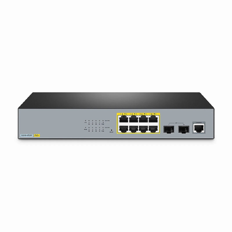SFPS S3260-8T2FP, 8-Port Gigabit Ethernet L2+ PoE+ Switch, 8 x PoE+ Ports @240W, with 2 x 1Gb SFP Uplinks, Support IEEE 802.3af/at SFPS