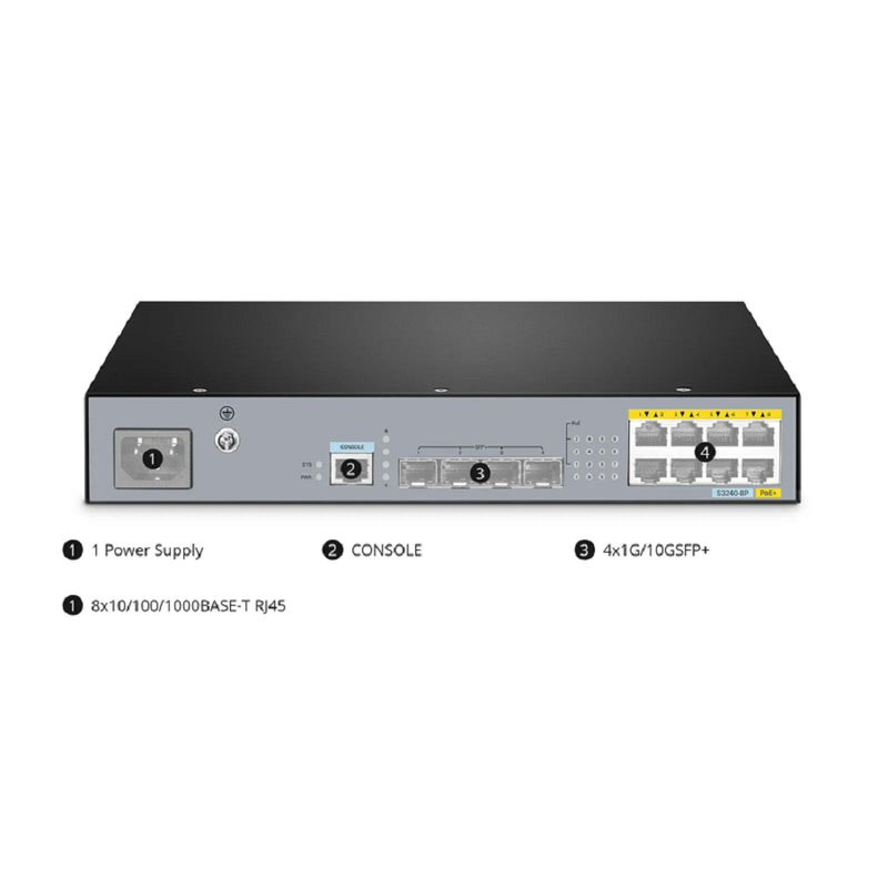 SFPS S3240-8P, 8-Port Gigabit Ethernet L2+ PoE+ Switch, 8 x PoE+ Ports@120W, with 4 x 10Gb SFP+ Uplinks, Stackable Switch, Fanless SFPS