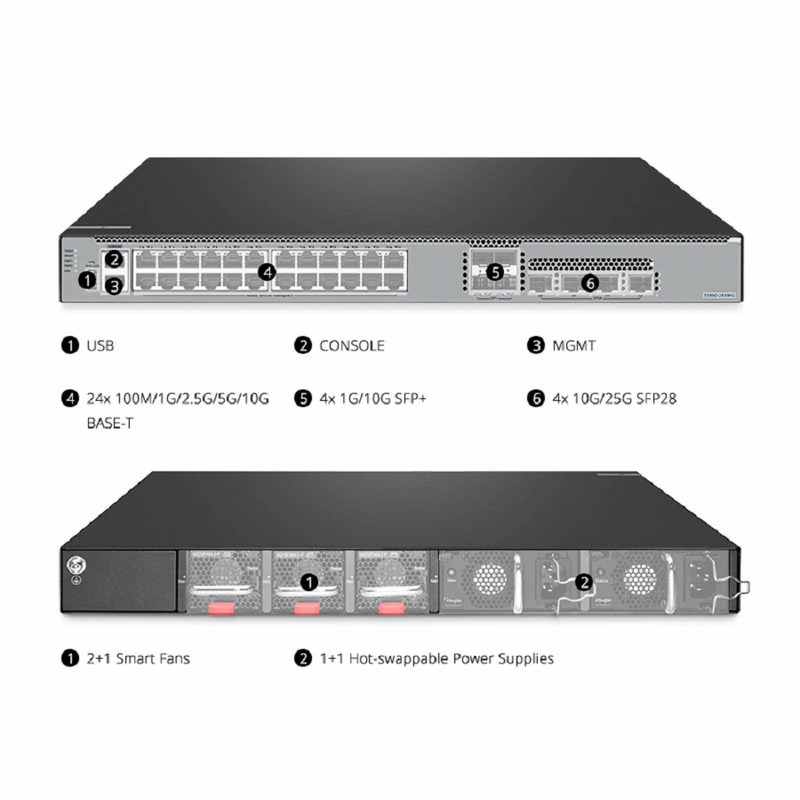 SFPS S5860-24XMG, 24-Port Ethernet L3 Switch, 24 x 10GBASE-T/Multi-Gigabit Ports, 4 x 10Gb SFP+, with 4 x 25Gb SFP28 Uplinks, Support Stacking, Broadcom Chip SFPS