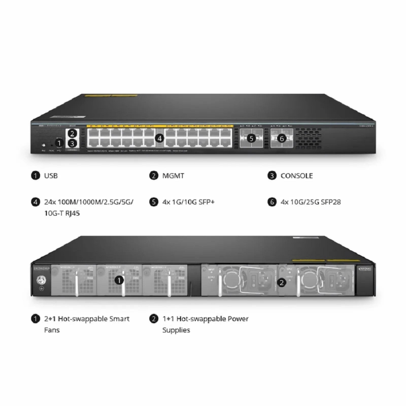 SFPS S5860-24XB-U, 24-Port Ethernet L3 PoE++ Switch, 24 x 10GBASE-T/Multi-Gigabit, 4 x 10Gb SFP+, with 4 x 25Gb SFP28 Uplinks, Support Stacking, Broadcom Chip SFPS