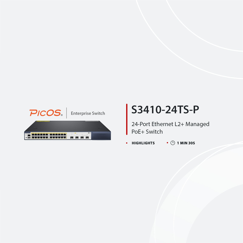 SFPS S3410-24TS-P, 24-Port Gigabit Ethernet L2+ PoE+ Switch, 24 x PoE+ Ports @740W, with 2 x 10Gb SFP+ Uplinks and 2 x Combo SFP Ports, PicOSA®, Support MLAG, Broadcom Chip SFPS
