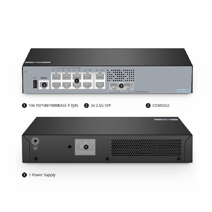 SFPS S3270-10TM, 10-Port Gigabit Ethernet L2+ Switch, 10 x Gigabit RJ45, with 2 x 1/2.5Gb SFP Uplinks, PicOSA®, Broadcom Chip SFPS