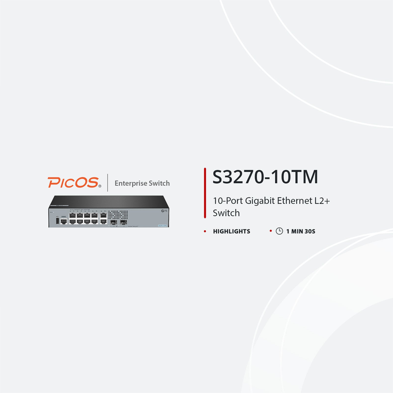 SFPS S3270-10TM, 10-Port Gigabit Ethernet L2+ Switch, 10 x Gigabit RJ45, with 2 x 1/2.5Gb SFP Uplinks, PicOSA®, Broadcom Chip SFPS