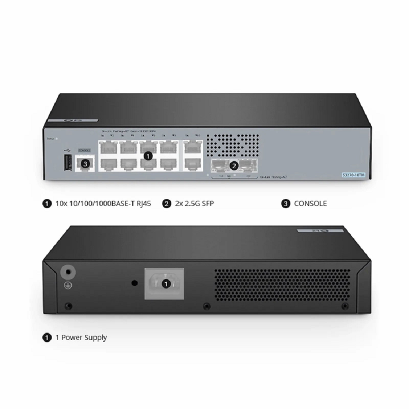 SFPS S3270-10TM, 10-Port Gigabit Ethernet L2+ Switch, 10 x Gigabit RJ45, with 2 x 1/2.5Gb SFP Uplinks, PicOSA®, Broadcom Chip SFPS