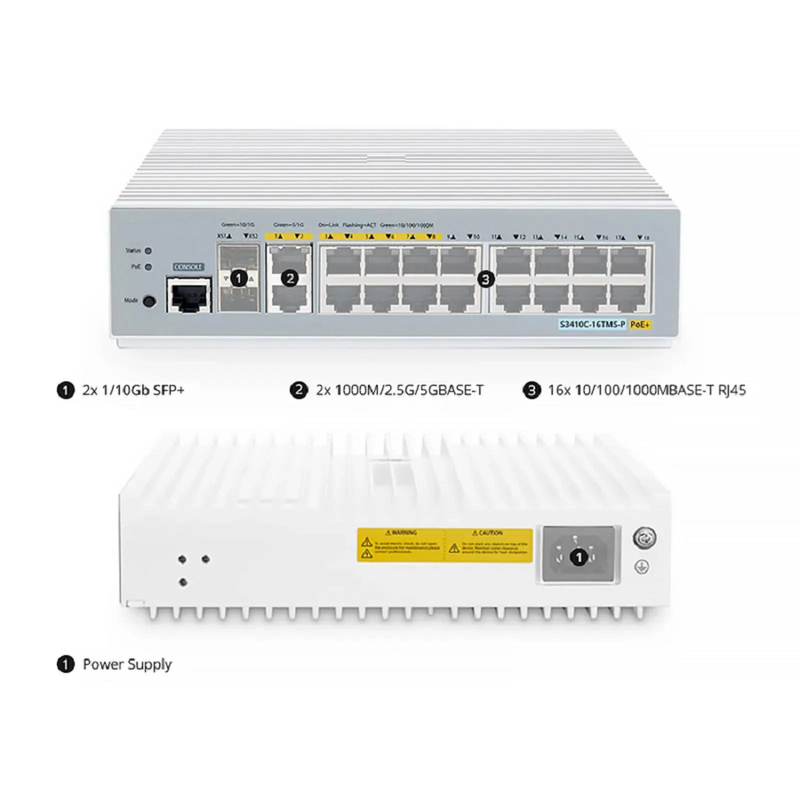 SFPS S3410C-16TF-P, 16-Port Gigabit Ethernet L2+ PoE+ Switch, 8 x PoE+ Ports@125W, 8 x 1Gb RJ45, with 2 x 1Gb SFP Uplinks, PicOSA®, Support MLAG, Broadcom Chip, Fanless SFPS