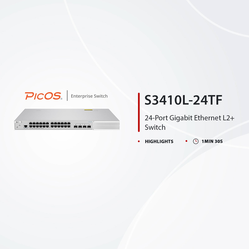 SFPS S3410L-24TF, 24-Port Gigabit Ethernet L2+ Switch, 24 x Gigabit RJ45, with 4 x 1Gb SFP Uplinks, PicOSA®, Support MLAG, Broadcom Chip, Fanless SFPS