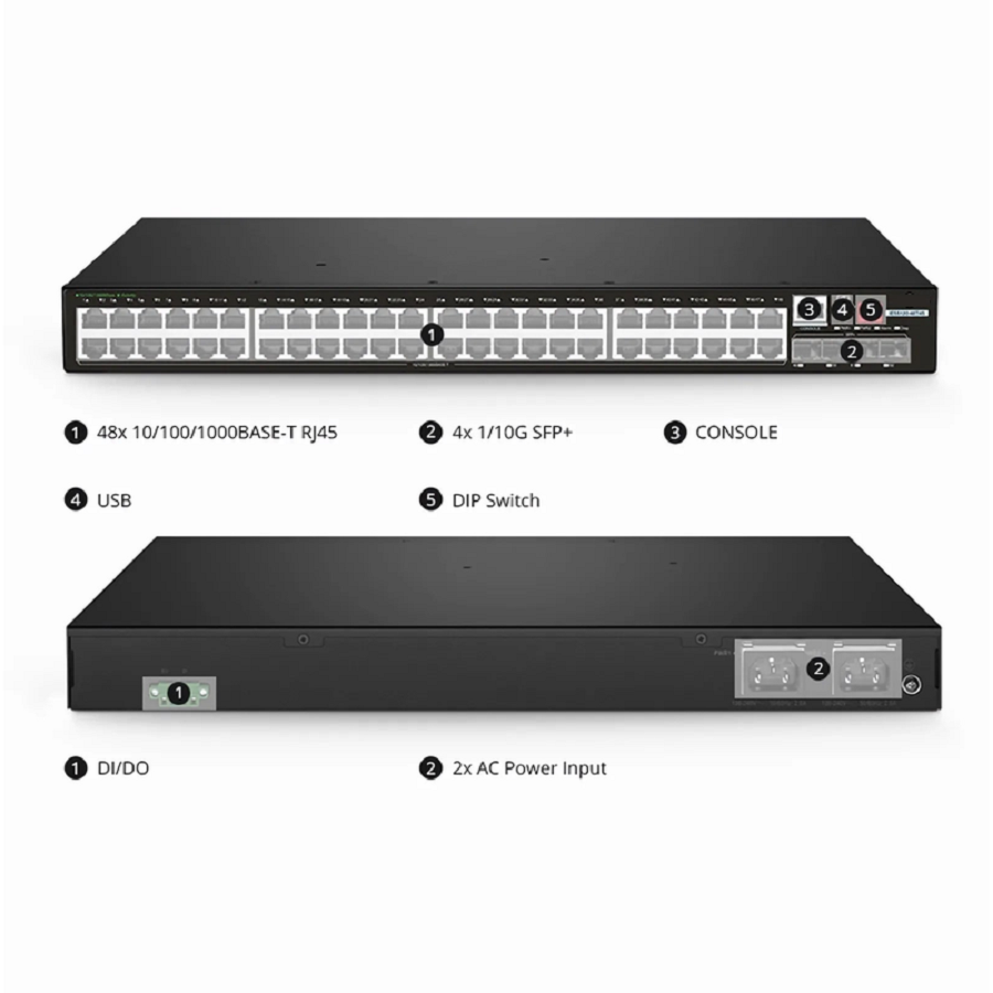 SFPS IES5120-48T4S, 48-Port Gigabit Ethernet L2+ Managed Industrial Switch, 48 x 10/100/1000BASE-T, with 4 x 1/10Gb SFP+, -40 to 75A°C Operating Temperature SFPS