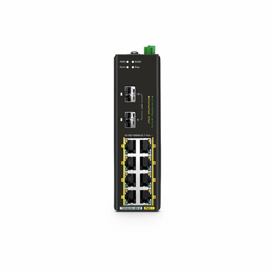 SFPS TSN3220-10S-U, 8-Port Gigabit Ethernet L2 Managed TSN Industrial PoE++ Switch, 8 x PoE++ Ports@360W, with 2 x 1/10Gb SFP+, -40 to 75A°C Operating Temperature SFPS