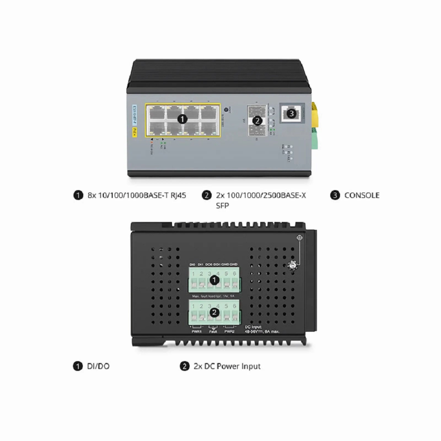 SFPS IES3110-8TF-P, 8-Port Gigabit Ethernet L2+ Managed Industrial PoE+ Switch, 8 x PoE+ Ports @240W, with 2 x 1/2.5Gb SFP, -40 to 75A°C Operating Temperature SFPS