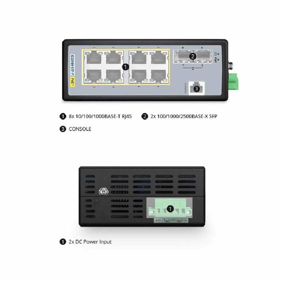 SFPS IES3100-8TF-P, 8-Port Gigabit Ethernet L2+ Managed Industrial PoE+ Switch, 8 x PoE+ Ports @240W, with 2 x 1/2.5Gb SFP, Wide-Temp SFPS