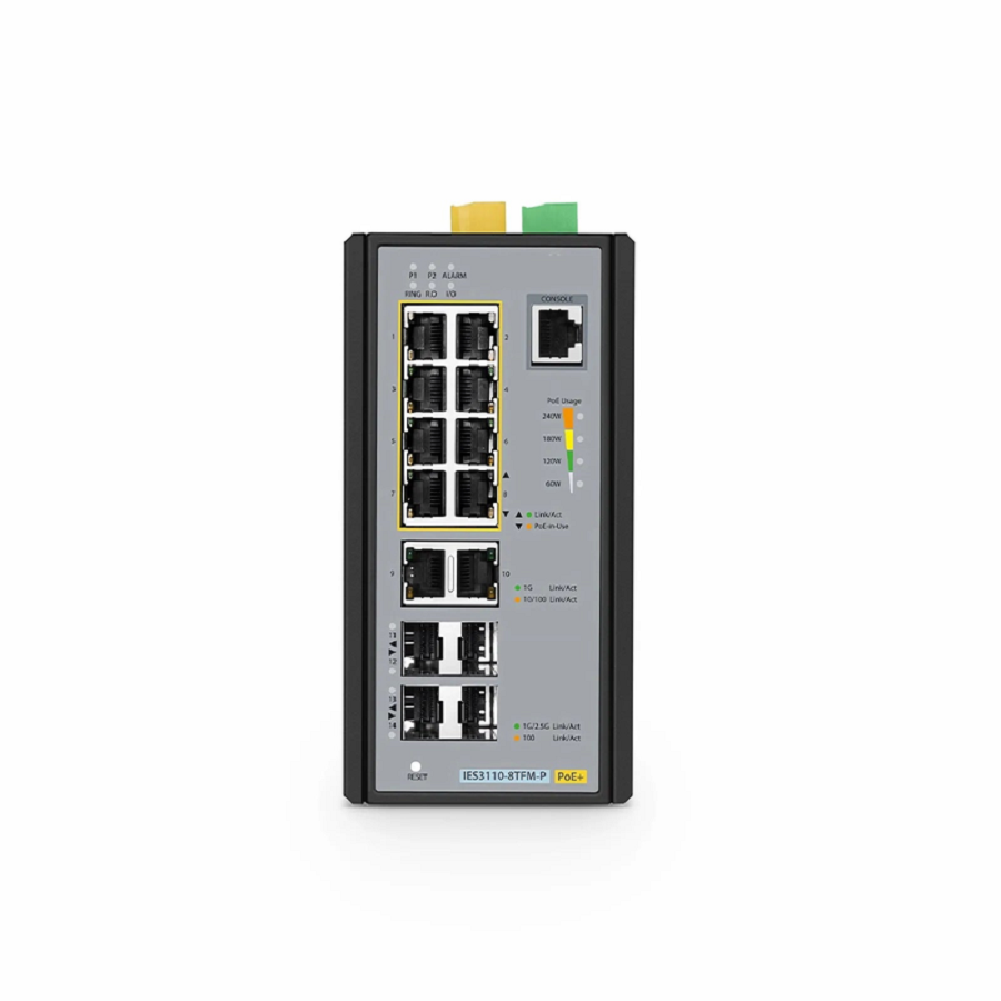 SFPS IES3110-8TFM-P, 8-Port Gigabit Ethernet L2+ Managed Industrial PoE+ Switch, 8 x PoE+ Ports @240W, and 2 x 10/100/1000BASE-T, with 2 x 1Gb SFP, 2 x 1/2.5Gb SFP, -40 to 75A°C Operating Temperature SFPS