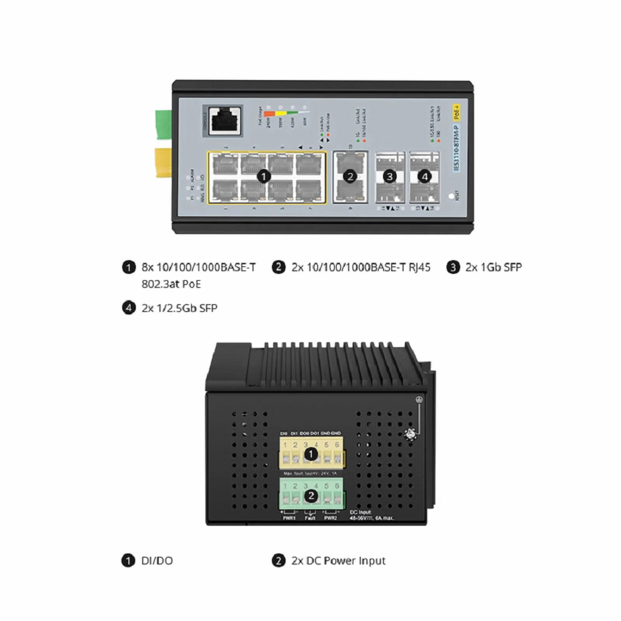 SFPS IES3110-8TFM-P, 8-Port Gigabit Ethernet L2+ Managed Industrial PoE+ Switch, 8 x PoE+ Ports @240W, and 2 x 10/100/1000BASE-T, with 2 x 1Gb SFP, 2 x 1/2.5Gb SFP, -40 to 75A°C Operating Temperature SFPS