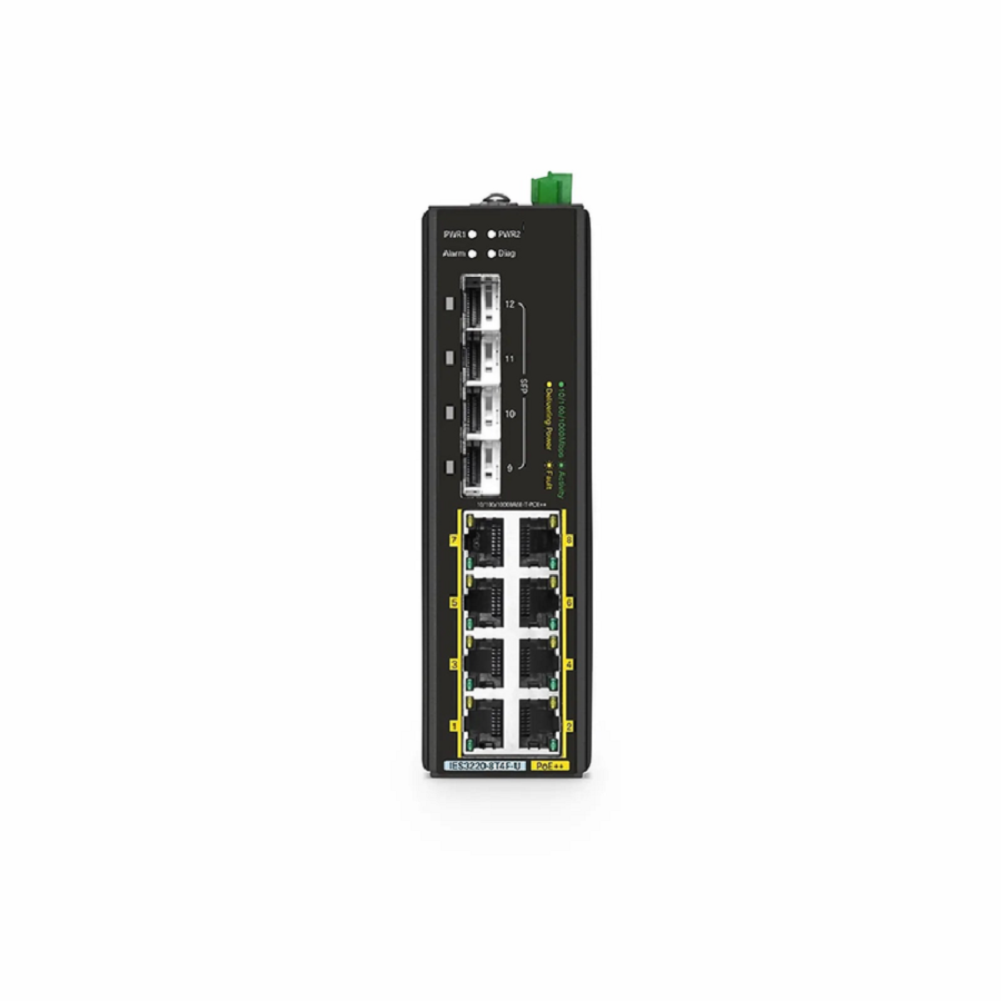 SFPS IES3220-8T4F-U, 8-Port Gigabit Ethernet L2+ Managed Industrial PoE++ Switch, 8 x PoE++ Ports@360W, with 4 x 1Gb SFP, -40 to 75A°C Operating Temperature SFPS