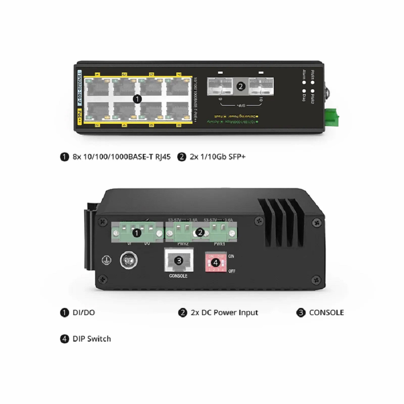 SFPS IES3220-8T4F-U, 8-Port Gigabit Ethernet L2+ Managed Industrial PoE++ Switch, 8 x PoE++ Ports@360W, with 4 x 1Gb SFP, -40 to 75A°C Operating Temperature SFPS