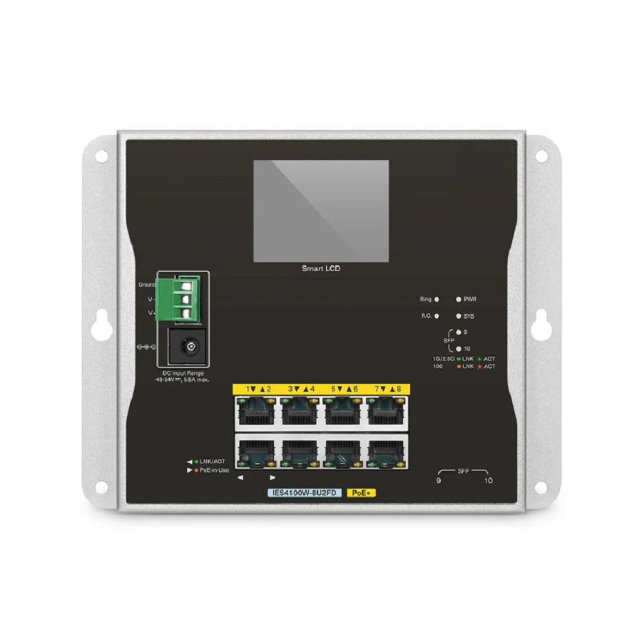 SFPS IES4100W-8U2FD, 8-Port Gigabit Ethernet L2+ Managed Industrial PoE+ Switch, 8 x PoE+ Ports@240W, with 2 x 1/2.5Gb SFP, -20 to 70A°C Operating Temperature SFPS