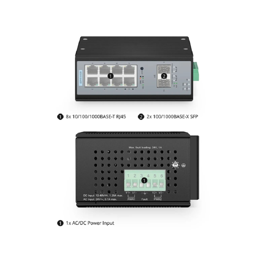 SFPS IES3110-8TF, 8-Port Gigabit Ethernet L2+ Managed Industrial Switch, 8 x 10/100/1000BASE-T, with 2 x 1Gb SFP, -40 to 75A°C Operating Temperature SFPS