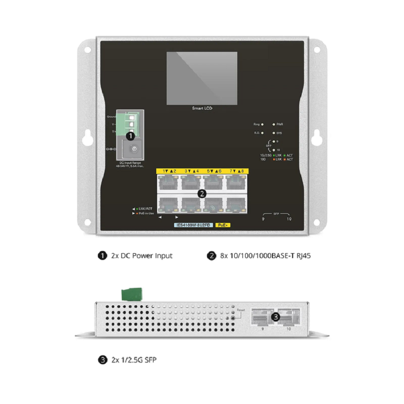 SFPS IES4100W-8U2FD, 8-Port Gigabit Ethernet L2+ Managed Industrial PoE+ Switch, 8 x PoE+ Ports@240W, with 2 x 1/2.5Gb SFP, -20 to 70A°C Operating Temperature SFPS