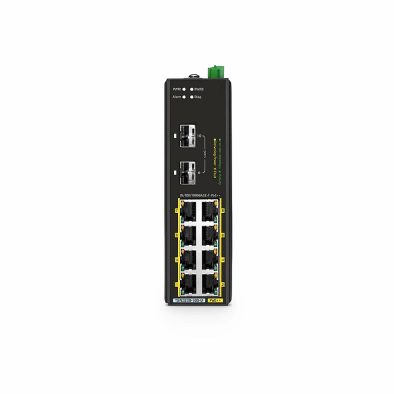 SFPS TSN3220-10S-U, 8-Port Gigabit Ethernet L2 Managed TSN Industrial PoE++ Switch, 8 x PoE++ Ports@360W, with 2 x 1/10Gb SFP+, -40 to 75A°C Operating Temperature SFPS