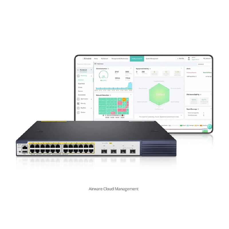 SFPS S3410-24TF-P, 24-Port Ethernet L2+ PoE+ Switch, 24 x PoE+ Ports @370W, with 4 x 1Gb SFP Uplinks, Stackable Switch, Broadcom Chip SFPS