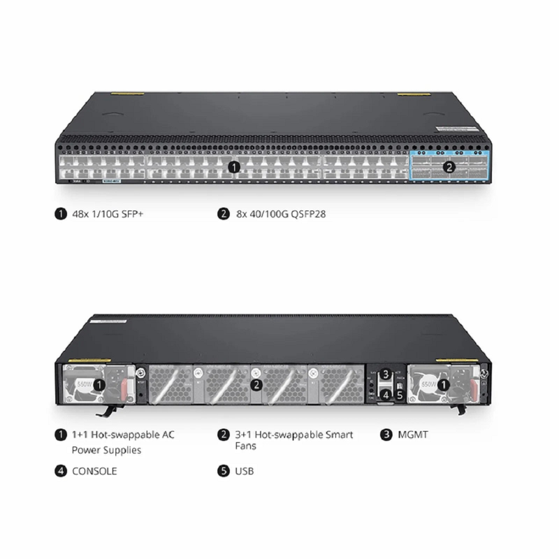 SFPS N5860-48SC, 48-Port Ethernet L3 Data Center Switch, 48 x 10Gb SFP+, with 8 x 100Gb QSFP28, Support MLAG/Stacking, Broadcom Chip, Dual AC PSUs, Front-to-Back Airflow SFPS