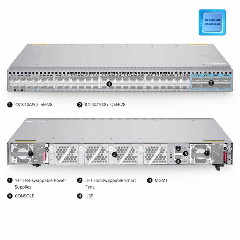 SFPS N8560-48BC, 48-Port Ethernet L3 Data Center Switch, 48 x 25Gb SFP28, with 8 x 100Gb QSFP28, Support MLAG/Stacking, Broadcom Chip, Front-to-Back Airflow