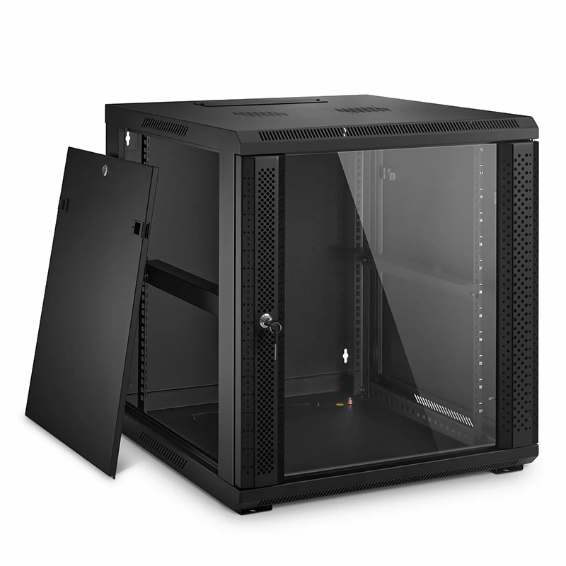 SFPS 12U GW600-Series 19" 4-Post Black Wall Mount Cabinet with Glass Front Door and 4 Casters SFPS
