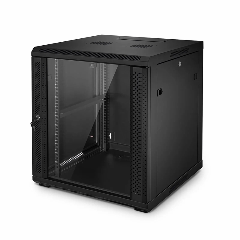 SFPS 12U GW600-Series 19" 4-Post Black Wall Mount Cabinet with Glass Front Door and 4 Casters SFPS