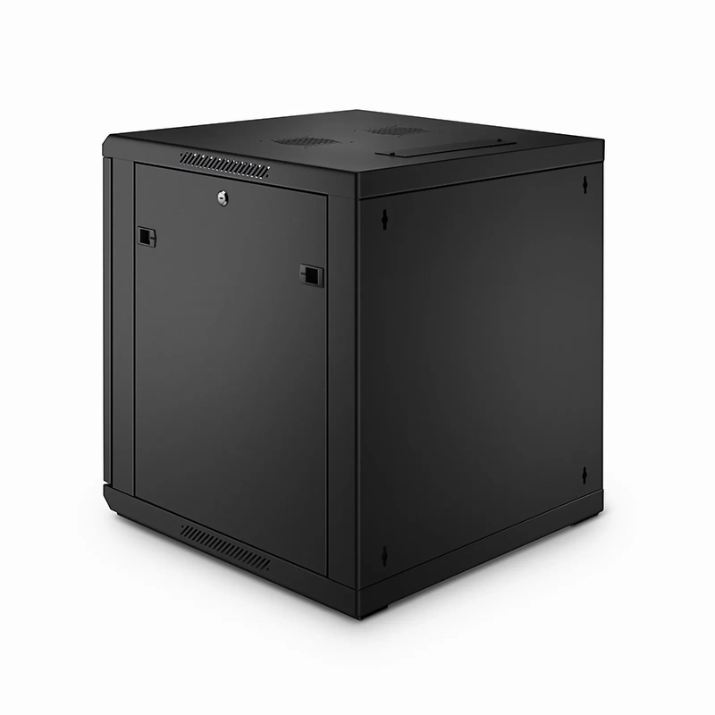 SFPS 12U GW600-Series 19" 4-Post Black Wall Mount Cabinet with Glass Front Door and 4 Casters SFPS