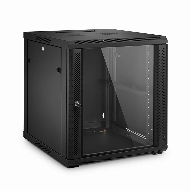 SFPS 12U GW600-Series 19" 4-Post Black Wall Mount Cabinet with Glass Front Door and 4 Casters SFPS