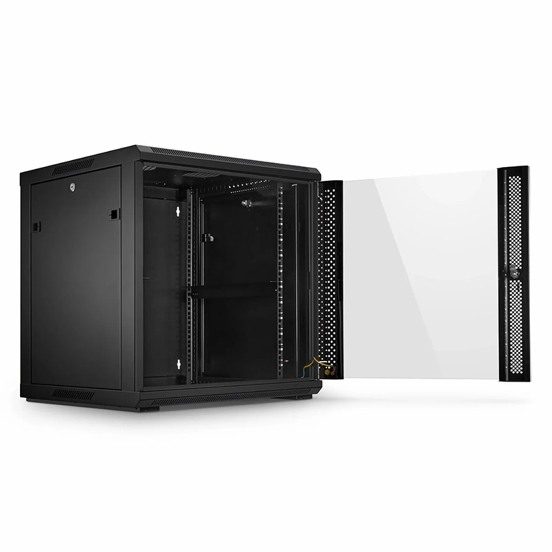 SFPS 12U GW600-Series 19" 4-Post Black Wall Mount Cabinet with Glass Front Door and 4 Casters SFPS