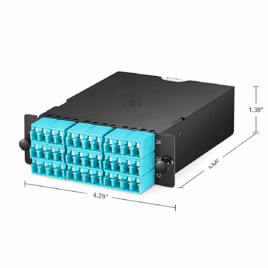 SFPS FHDA MTP®-LC Cassette, OM4 Multimode, Type A, 36 Fibers, 3 x MTP®-12 (Male) to 18 x Shuttered LC Duplex (Aqua), 0.35dB Max. SFPS