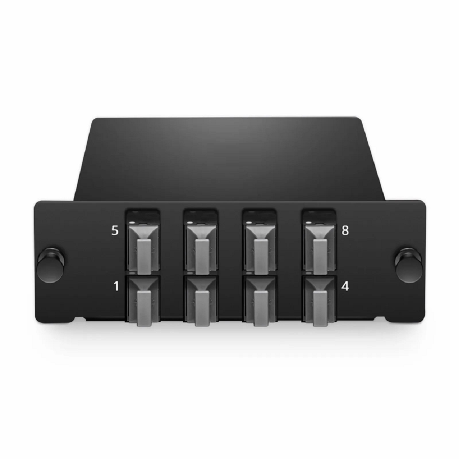 SFPS FHD MTP® Splice Cassette with Ribbon Pigtails, 96 Fibers OM4 Multimode, 8 x MTP®-12 UPC (Male) Key Up to Key Down (Black) Adapter, 0.35dB Max. SFPS
