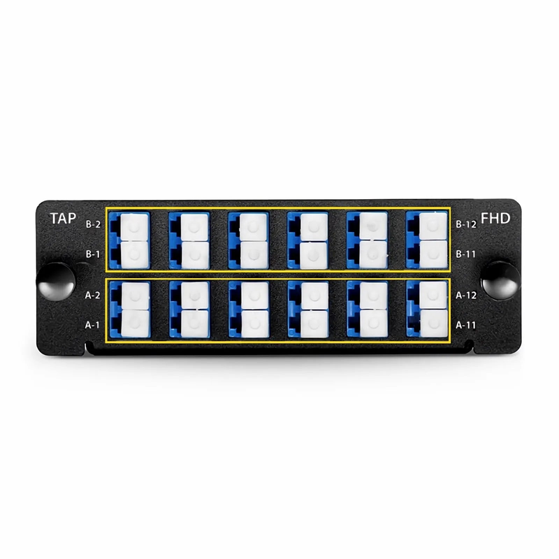 SFPS FHDA MTP®-LC TAP Cassette, OS2 Single Mode, 12 x LC Duplex Live Ports, 2 x MTP®-12 Male Live Ports, 2 x MTP®-12 Male TAP Ports, 70/30 Split Ratio (Live/TAP), 10/40/100G SFPS