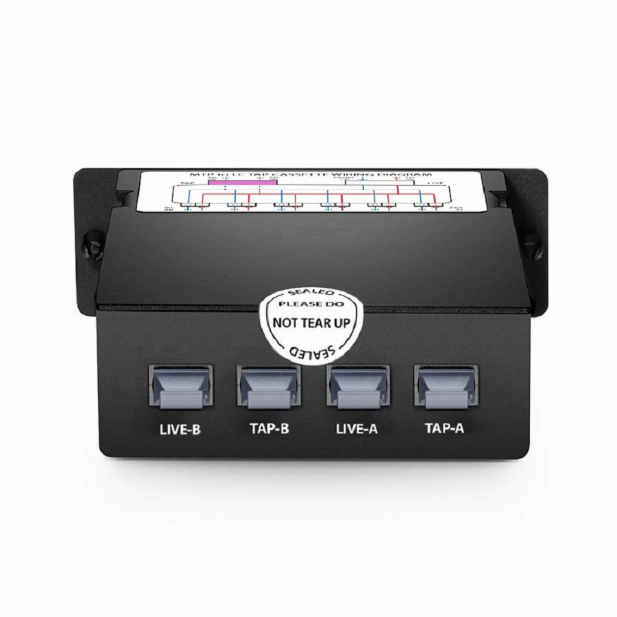 SFPS FHDA MTP®-LC TAP Cassette, OS2 Single Mode, 12 x LC Duplex Live Ports, 2 x MTP®-12 Male Live Ports, 2 x MTP®-12 Male TAP Ports, 70/30 Split Ratio (Live/TAP), 10/40/100G SFPS