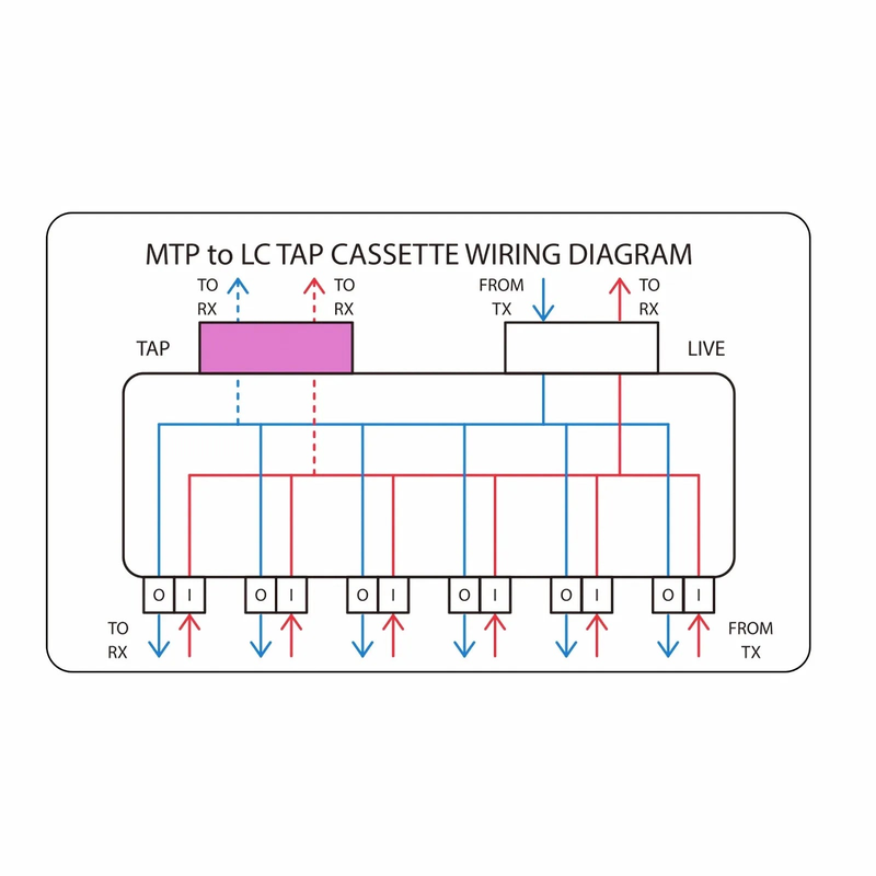 SFPS FHDA MTP®-LC TAP Cassette, OS2 Single Mode, 12 x LC Duplex Live Ports, 2 x MTP®-12 Male Live Ports, 2 x MTP®-12 Male TAP Ports, 70/30 Split Ratio (Live/TAP), 10/40/100G SFPS