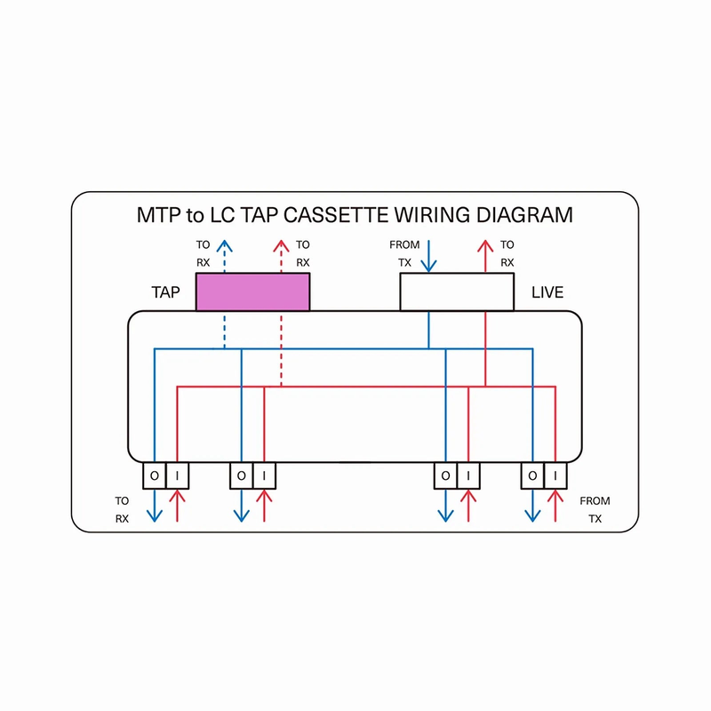 SFPS FHDA MTP®-LC TAP Cassette, OS2 Single Mode, 4 x LC Duplex Live Ports, MTP®-8 Male Live Port, MTP®-8 Male TAP Port, 50/50 Split Ratio (Live/TAP), 10/40/100G SFPS